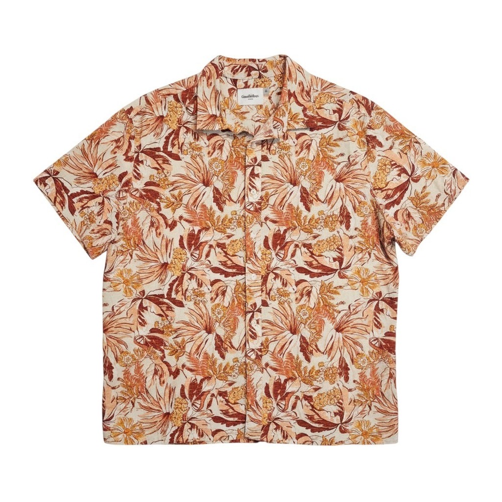 Goodfellow & Co Mens XL‎ Orange Tropical Floral Linen Cotton Short Sleeve Shirt